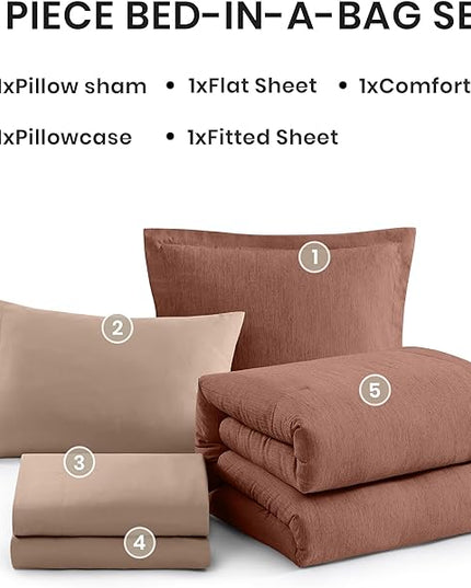 Monbix Twin XL Comforter Set Terracotta, Cationic Dyeing Bedding Set Reversible 5 Pieces, All Season Bed in a Bag with Comforter, Sheets, Pillowcase & Sham