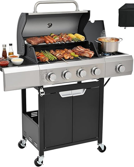 4-Burner Gas Grill with Side Burner & Cover, 51000 BTU Stainless Steel Outdoor BBQ Grill, 452 sq.in Cooking Area, Ideal for Backyard, Patio Large Gatherings