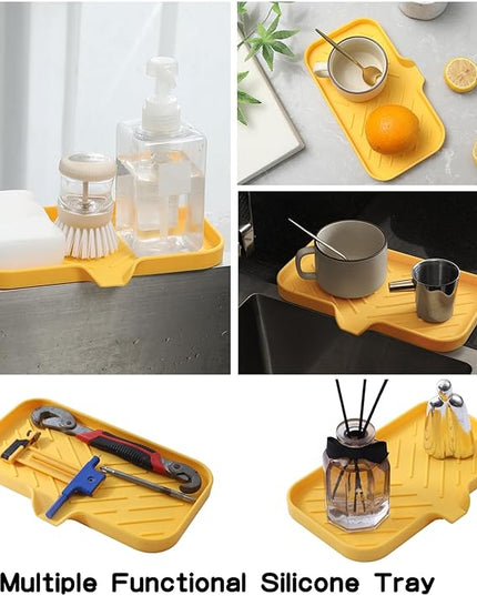 Silicone Bathroom Soap Dishes with Drain Spout-Bathroom and Kitchen Sink Organizer,Sponge Holder,Dish Soap Tray,Perfect for Dispenser,Scrubber,Bottle,Cup on Sink or Counter-Yellow 9.6"×5.3"
