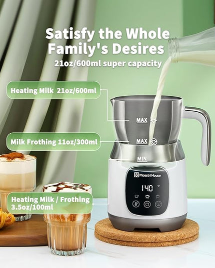 Maestri House Milk Frother, Variable Temp and Froth Thickness DualFro 600 Milk Frother Steamer, 21OZ Smart Touch Control Milk Warmer, Dishwasher Safe, Memory Function for Latte&Hot Chocolate (White)