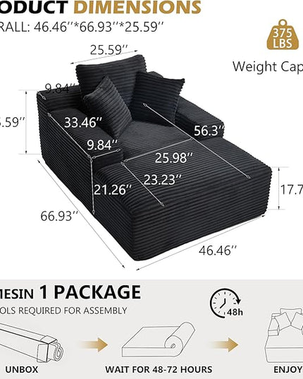67" Boneless Chaise Lounge Chair,Indoor Corduroy Oversized Sleeper Sofa w/9.9'' Wide Armrest & 3 Soft Pillows, Convertible Boneless Sofa Bed - 2-in-1 Chair & Ottoman for Reading, Living Room,Black