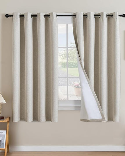 H.VERSAILTEX Linen Curtains 100% Blackout Curtains for Bedroom 63 inch Long Full Light Blocking Nature Linen Blended Window Curtains for Living Room Nickel Grommet (2 Panels, Heathered Linen)