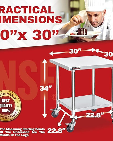 DuraSteel 30x30 NSF Stainless Steel Cart Work Table - Heavy Duty Rolling Food Prep Table Countertop Island - Metal Utility Cart on Wheels Caster, Grill Stand Storage Outdoor Kitchen Tables Bar Top