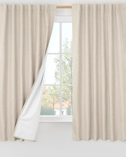 LAMIT 100% Blackout Oatmeal Linen Curtains, 63 Inches Linen Textured Thermal Bedroom Curtains Back Tab and Rod Pocket Neutral Panels with White Liner for Farmhouse, 2 Panels, 52 x 63 Inch