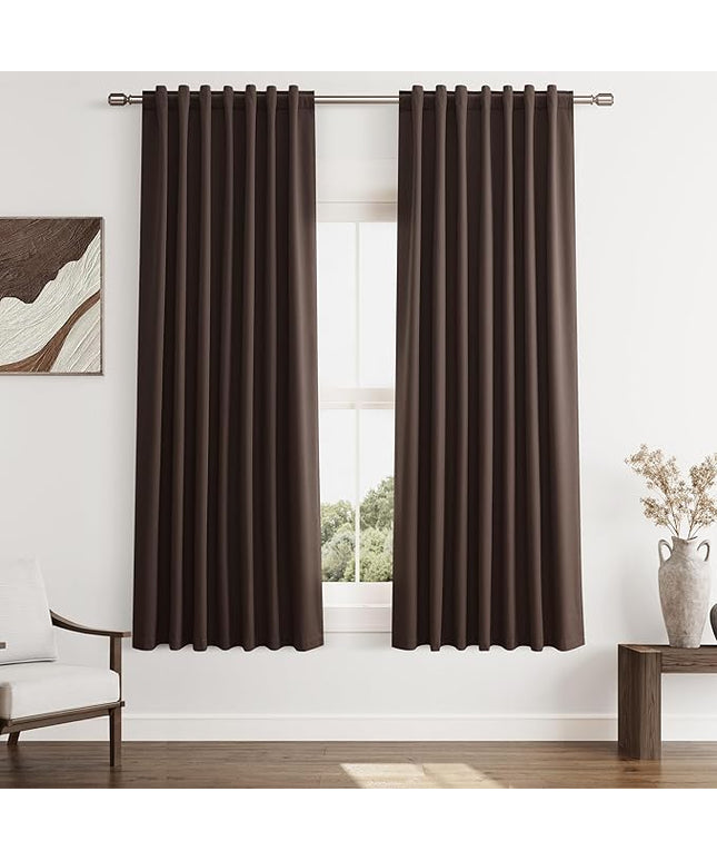 Guken Brown Blackout Curtains 63 Inch Length 2 Panels Set for Living Room Bedroom Back Tab Thermal Insulated 100% Black Out Linen Drapes Room Darkening Window Curtains 52 Inches Width