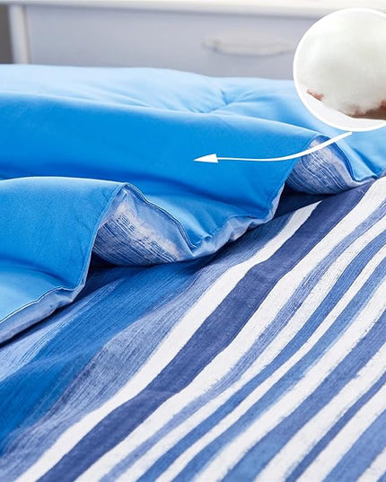 KAKIJUMN 7 Piece Bed in a Bag Stripe Comforter Set Queen Size, White and Blue Patchwork Striped Comforter and Sheet Set, All Season Soft Microfiber Complete Bedding Sets(Blue,Queen)