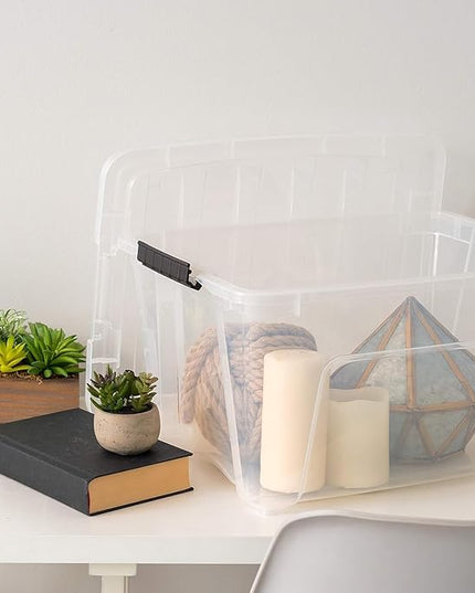 IRIS USA 32 Qt Stackable Plastic Storage Bins with Lids, 4 Pack - BPA-Free, Made in USA - See-Through Organizing Solution, Latches, Durable Nestable Containers, Secure Pull Handle - Clear