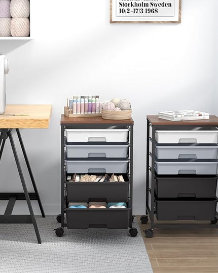 Utility Cart with 5 Drawers,Storage Drawer Cart with Wooden Tabletop and Lockable Wheels,Craft Storage Trolley Cart,5-Tier Rolling Utility Cart on Wheels,Dark Grey