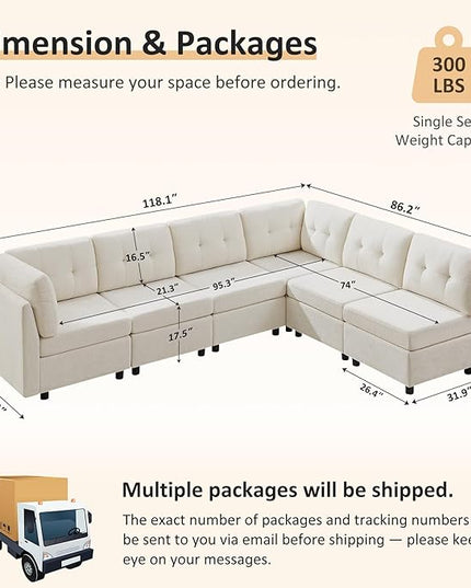 VANOMi 6 Seater Sectional Couches for Living Room, 118" Convertible Modular Cloud Sofa, Comfy Chenille Sofas & Couches for Living Room, Apartment, Office, White, L/U Shaped