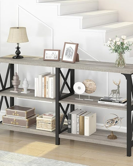 IBF Long Entryway Console Table, Industrial Metal Wood Entry Table with Storage Shelves, Modern Rustic 3 Tier Sofa Table for Entry Way Hallway Behind Couch Living Room Bedroom, Light Grey Oak, 63 Inch
