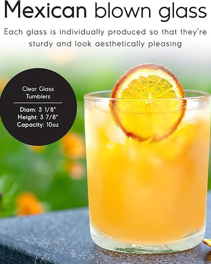 Clear 10 oz Tumblers (set of 6), Hand Blown Mexican Glassware, Recycled Glass Drinking Glasses, Lead-Free, Cocktail Margarita Glasses, Wine Glasses, Shot Glasses, Whiskey Glasses (Tumbler)