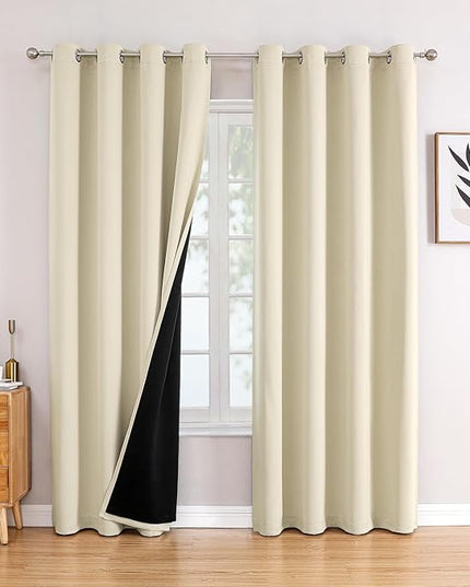 ChrisDowa 100% Blackout Curtains 95 inch Long for Bedroom with Black Liner, 2 Thick Layers Total Blackout Thermal Insulated Grommet Window Curtains 2 Panels Set (Light Beige, 52 x 95 Inch)