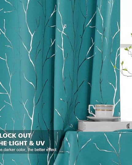 BUHUA White Black Out Curtains 84 Inch Long 2 Panels, Soundproof Curtains with Elegant Silver Tree Branches Print, Heat Blocking Curtains for Livingroom, 52W x 84L, Teal Blue