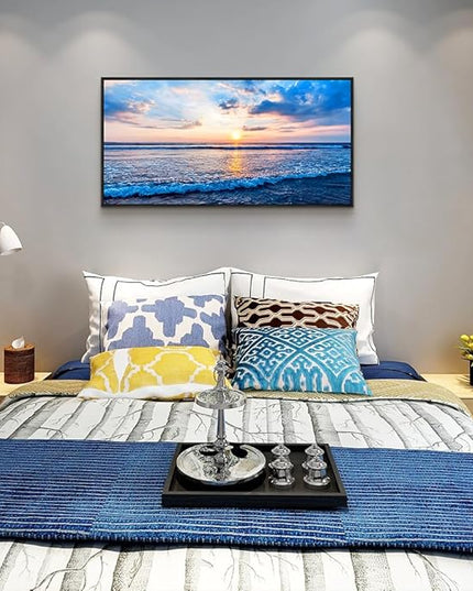 Black Framed Canvas Wall Art For Living Room Blue Beach Ocean Sea Waves Landscape Wall Decor Ready To Hang Home Decorations Bedroom Kitchen Bathroom Canvas Prints Posters Painting Wall Mural Artwork