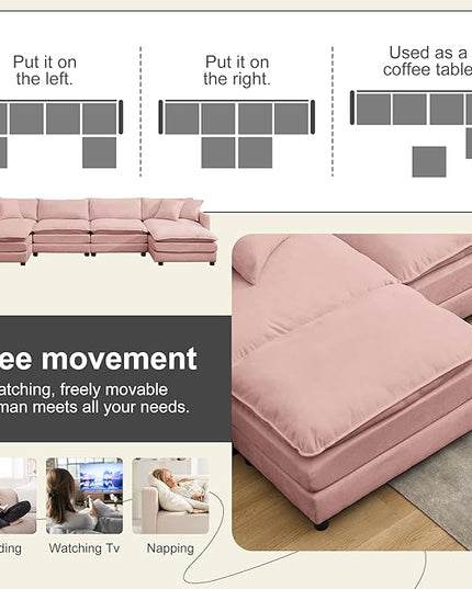 Modular Sectional Sofa,143.31'' Modern Sofa Sleeper Couch,Comfy Cloud Couches with 4 Seat & 2 Ottoman & 4 Pillows Sofa Set,Deep Seat Sofa with Movable Ottoman for Living Room,Chenille (Pink, U shaped)