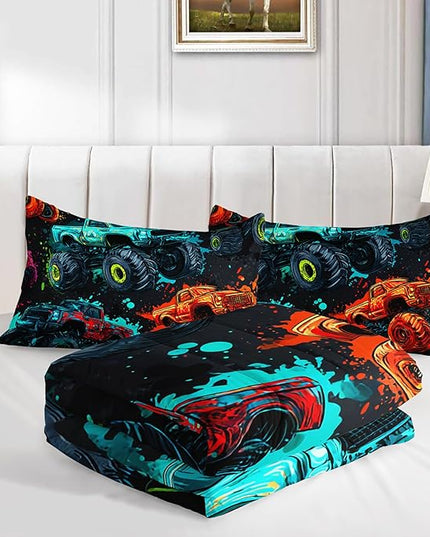 AILONEN Monster Truck Print Comforter Set Twin Size,Cartoon Trucks Bedding Sets for Kids Teens Boys,Cool Graffiti Duvet Set,3-Piece, 1 Quilt and 2 Pillowcases,Soft Microfiber