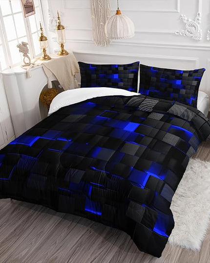Geometric Blue Black Comforter Set,Light Honeycomb 3 Piece Bedding Set King Size for Teen Boys,Modern Quilt Set Geometry Decor,Microfiber Lightweight 1 Comforter 2 Pillowcases All Season