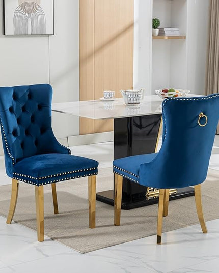 60" Glass Dining Table Set for 6, Modern Dining Room Table Set for 6, Gold X-Shape Pedestal Glass Table with 6pcs Blue Dining Chairs, 7 Piece Dining Set for Dining Living Room