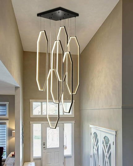 Modern Staircase Chandelier LED 6-Rings Foyer Chandeliers for High Ceilings Black Large Chandeliers Remote Control 3000K-6000K Dimmable Pendant Light for Living Room Staircase Entryway
