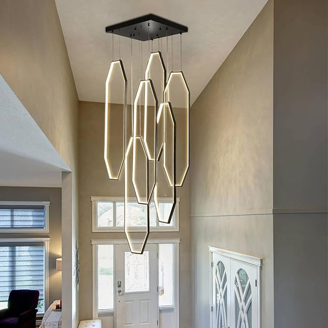 Modern Staircase Chandelier LED 6-Rings Foyer Chandeliers for High Ceilings Black Large Chandeliers Remote Control 3000K-6000K Dimmable Pendant Light for Living Room Staircase Entryway