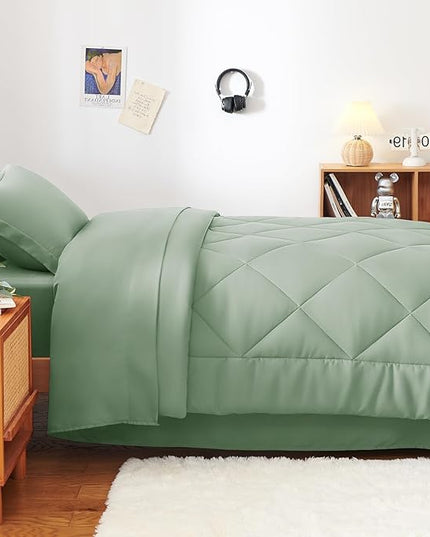 CozyLux Twin Comforter Set with Sheets Sage Green - 5 Pieces Bed in a Bag Twin, All Season Bed Set for Girls and Boys, Bedding Set with Down Alternative Comforter, Sheets, Pillowcase & Sham