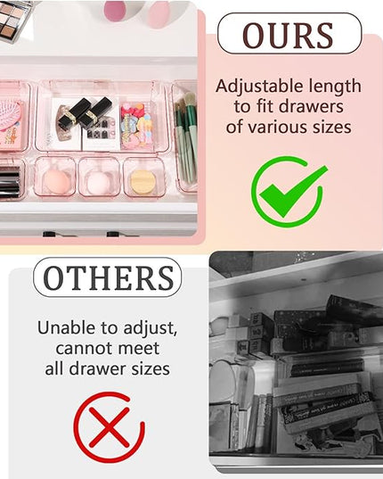 20 Pcs Adjustable Clear Drawer Organizer, Extendable Vanity Storage Bins, Desk Drawer Organizer Set for Makeup, Cosmetics, Bedroom, and Gadgets, Pink