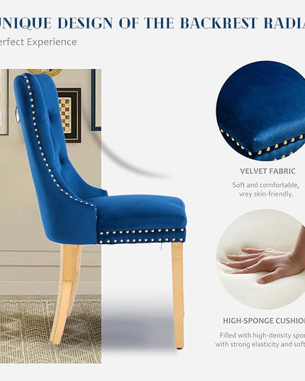 SoarFlash Velvet Dining Chairs Set of 4, Tall Back Side Chair, Modern Upholstered Side Chair with Button Back Ring, Gold Plated Stainless Steel Legs (Blue)