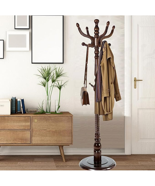 Coat Racks Free Standing with 14 Hooks, Natural Wood Coat Stands for Entryway, Adjustable Height 73 in Tree Coat Rack Stand for Hallway Home Office Bedroom (Dark Brown)