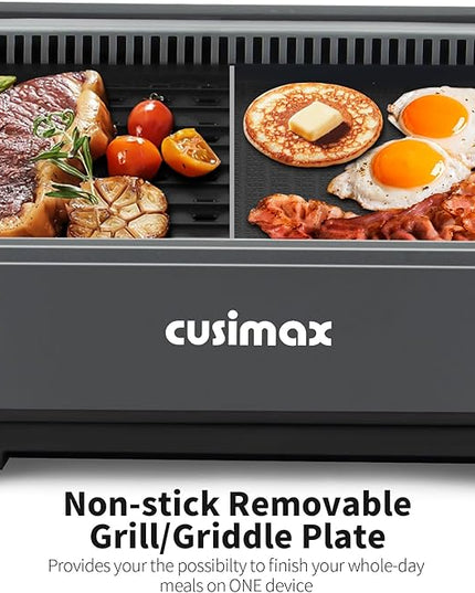 CUSIMAX Smokeless Grill, Electric Indoor Grill, 1500W Korean BBQ Grill with Non-stick Removable Grill/Griddle Plate, LED Smart Display & Tempered Glass Lid, Grey