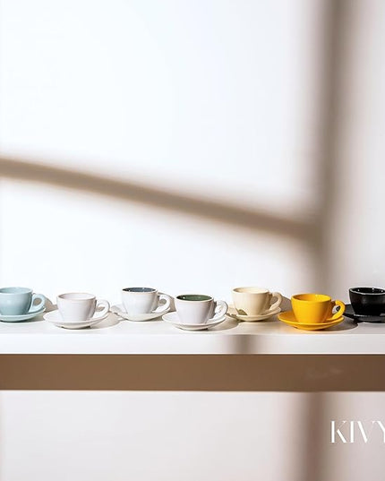 KIVY Cappuccino cups set of 4 [8oz] - Thick-walled stoneware cappuccino cup set for latte art - Cappuccino coffee cups - Tazas de cafe - Latte cups - Latte art cup and saucer set of 4 - Green, Blue