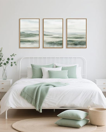 HOURIA Large Watercolor Misty Green Mountain Framed Canvas Wall Art,Neutral Brush Stroke Wall Decor,Modern Landscape Artwork,Nature Minimalist Art Print for Living Room,Bedroom,Office-24 x36 x3