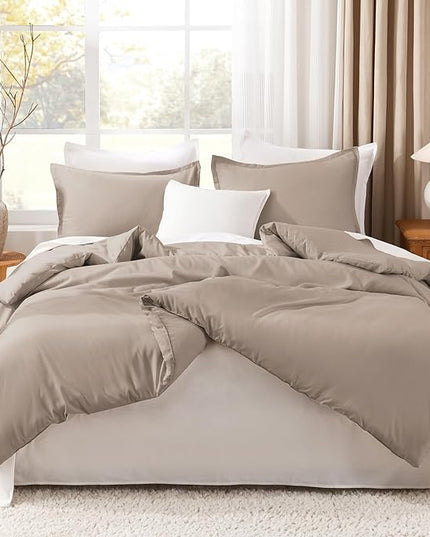 Litanika Light Coffee Comforters Oversized Queen Size, 3 Pieces Lightweight Solid Bedding Comforter Set, All Season Fluffy Bed Set (98x98In Comforter & 2 Pillowcases)