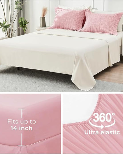 HYMOKEGE Pink/Ivory California King Comforter Set Seersucker 7 Pieces, All Season Luxury Bed in a Bag for Bedroom, Bedding Set with Comforter, Sheets, Pillowcases & Shams