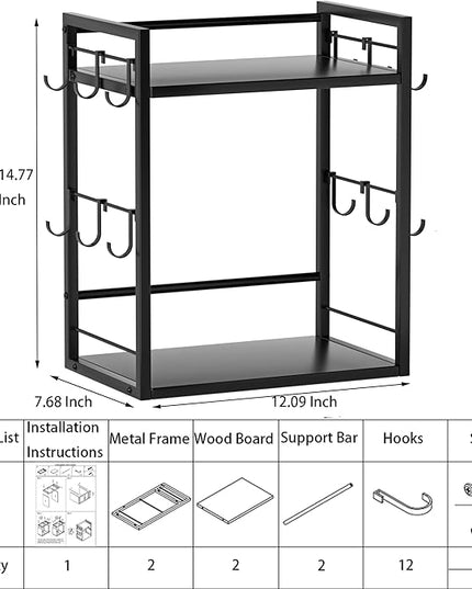Dorhors 2 Tier Coffee Bar Accessories and Organizer,Multi-functional Mug Holder with 12 Hooks,Wood Coffee Station Organizer,Kitchen Countertop Shelf (Black)