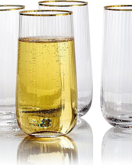 Lysenn Stemless Wine Glasses Set of 4 - Premium Hand Blown Drinking Glasses for Bubbly Wine & Champagne - Elegant Vertical Stripe and Gold Rim Champagne Flutes – Clear 17oz