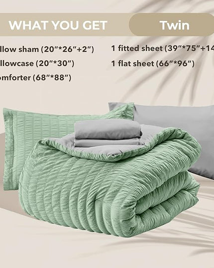 HYMOKEGE Sage Green/Light Grey Twin Comforter Set Seersucker 5 Pieces, All Season Luxury Bed in a Bag for Bedroom, Bedding Set with Comforter, Sheets, Pillowcase & Sham