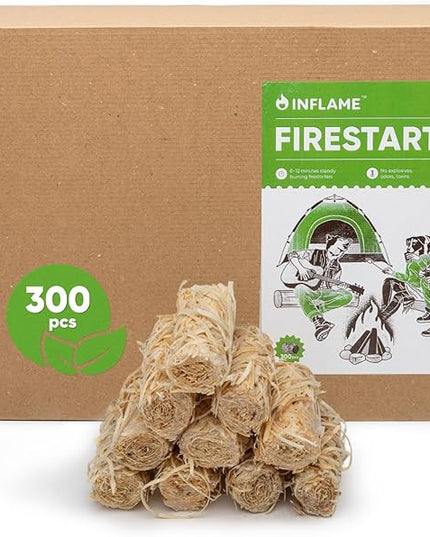 Inflame Fire Starters 300 pcs Fire Starters for Campfires, Grill, BBQ, Fireplace, Woodstove - Charcoal Starter - Waterproof, Weather-Resistant - Natural Wood Fireplace Starters