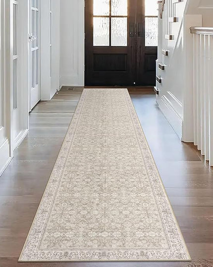 2.6x14 Washable Runner Rug for Kitchen, Cream Beige White Grey Soft Classic Runners with Non-Slip, Non-Shedding Distressed Floral Rug for Hallways Entryway Bedroom Laundry Indoor