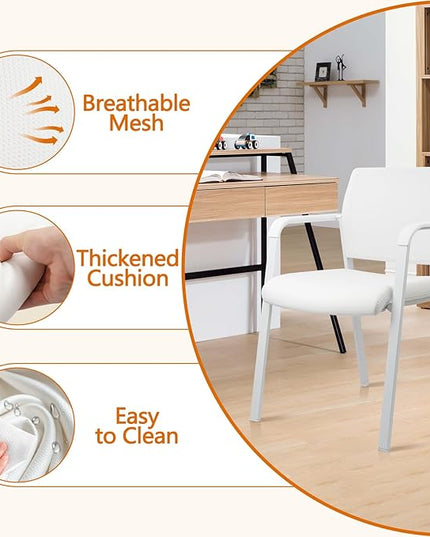CLATINA Stacking Office Chairs | Mesh Back, Thicken Leather Seat and Arms, Ergonomic Lumbar Support | Guest Reception, Waiting, Conference, School, Party, Customer, Side, Stationary | Set of 4, White