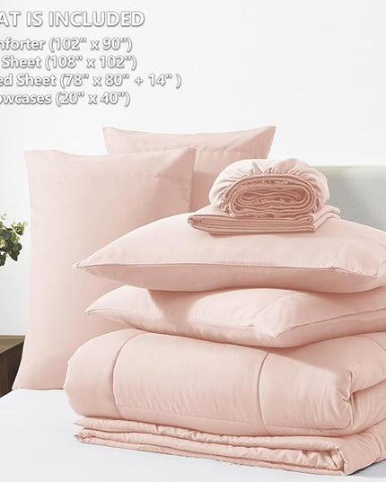CozyLux King Size Comforter Set Blush Pink, 7 Pieces Bed in a Bag, Pink Comforter King Size, All Season Bedding Sets with Stitch Quilted Comforter, Flat Sheet, Fitted Sheet, Pillowcases