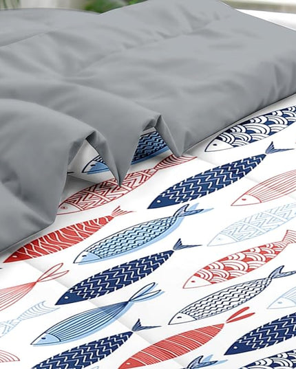 Comforter Set Twin Size, Fish Blue Summer 5 Pcs Bedding for Kids and Adults, Sea Cute Ocean Bed Sheet Sets with Fitted Sheet Pillowcase & Sham for Bedroom Bed Decor