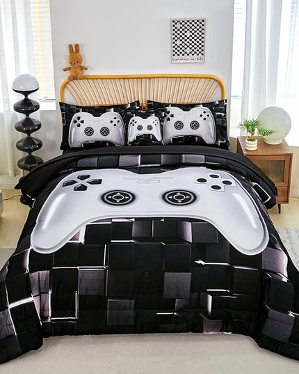 PERFEMET 6 Pcs Kids Bedding Sets for Boys Twin Size Black White Gamer Comforter with Sheet Set Soft Fluffy Gaming Bed Set Lightweight Comfy Game Bed in A Bag for All Season(White, Twin)