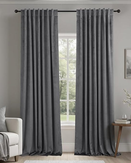 KOUFALL Grey Velvet Moody Blackout Curtains for Bedroom,Luxury Dark Charcoal Gray Black Out Curtain 96 Inches Long 2 Panels Set Back Tab Pleated Drapes for Living Room
