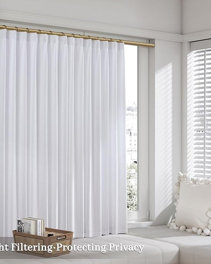 White Pinch Pleated Linen Curtains 63 Inch Length for Kitchen Small Windows, Light Filtering Pleat Privacy Short Curtain Back Tab 2 Panels Off White Memory Trained Bedroom Drapes 40" x 63"