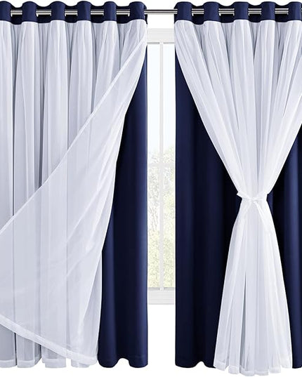 Hiasan Blackout Curtains with Sheer Overlay, Thermal Insulated Privacy Mix and Match Double Layer Window Curtains for Bedroom, Living Room, 2 Drape Panels Sewn with Tiebacks, Navy Blue, 70W X 63L