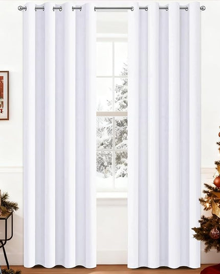 Yakamok Pure White Curtains 84 inch Long, 50% Light Blocking Gormmet Drapes for Living Room, 2 tie Backs Included(52 inch Wide, 2 Panels)