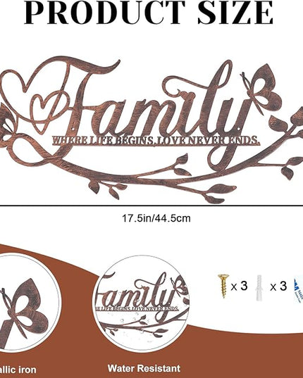 AUHOKY Family Where Life Begins Love Never Ends Word Sign Metal Wall Decor, Black Home Decor Wall Art Decorations, Letters Quotes Sign for Living Room Bedroom Kitchen Indoor Outdoor Decor(17.5 x 9in)