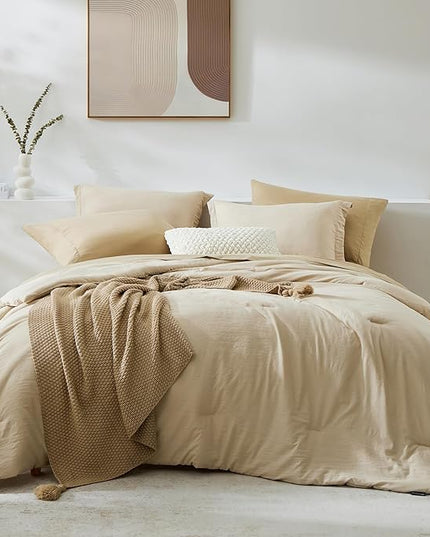 WRENSONGE Queen Size Comforter Set- 7 Pieces Beige Bed in a Bag Queen with Fitted Sheet, Flat Sheet, 2 Pillow Shams, and 2 Pillowcases- Warm Bed Set for All Season