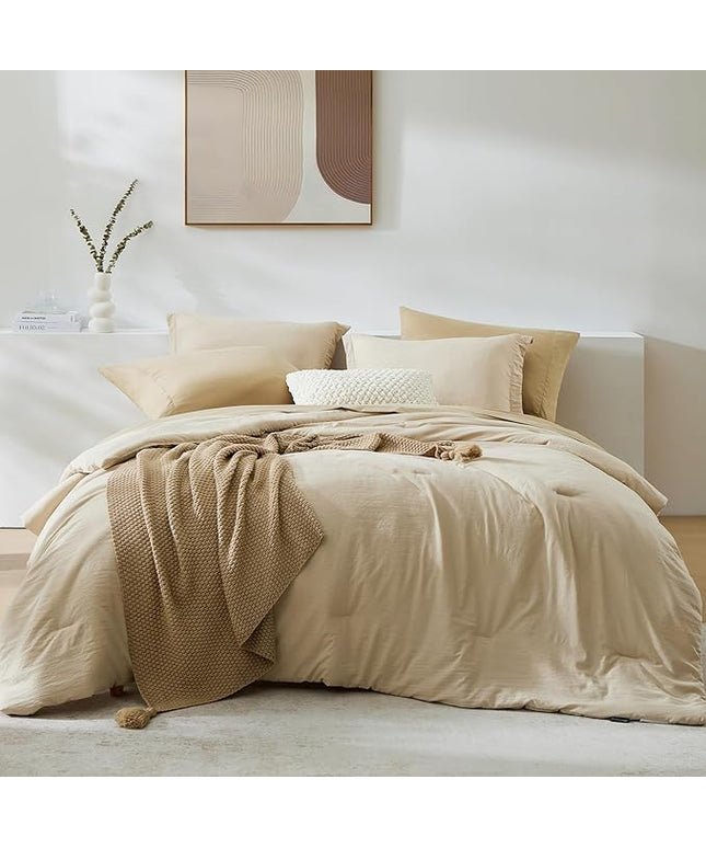 WRENSONGE King Size Comforter Set, 7 Pieces Beige Soft Bed in a Bag King with Fitted Sheet, Flat Sheet, 2 Pillow Shams, and 2 Pillowcases- Warm Bedding Set for All Season