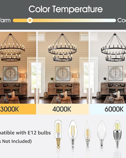 Black Wagon Wheel Chandelier 2 Tier 36-Light, 48-Inch Large Farmhouse Industrial Chandelier Round Rustic Pendant Light Fixture for High Ceilings Foyer, Entryway, Dining Room, E12